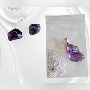 Natural Purple Amethyst Gemstone Pendant Necklace and Earrings